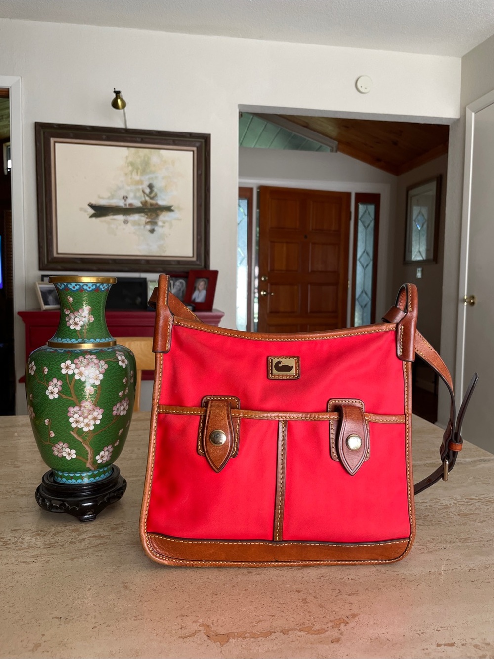 🌹Dooney & Bourke Red Nylon Shoulder Bag with Brown Leather Trim